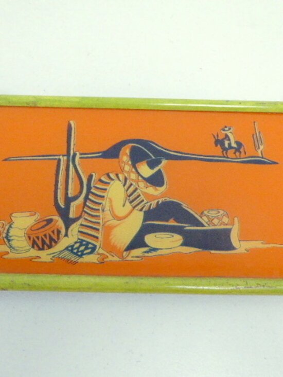 VINTAGE Other - TRAY mid century MCM REVERSE GLASS PAINTED orange Mexico wood vintage